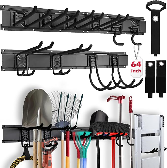 64" Heavy Duty Garage Storage Tool Organizer Wall Mount - Tool Rack with Adjustable Hooks, Anti-Rust, 300lbs Capacity - Easy Installation (4 Racks, 10 Hooks, 3 Straps)