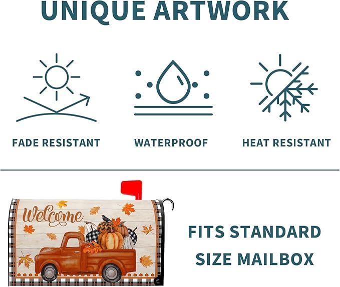 Kawani Fall Mailbox Cover - Autumn Harvest Orange Pumpkin Truck Maple Leaves Magnetic Standard Size 25.5x21 Inch Thanksgiving Waterproof Post Box Wrap Garden Yard Decor