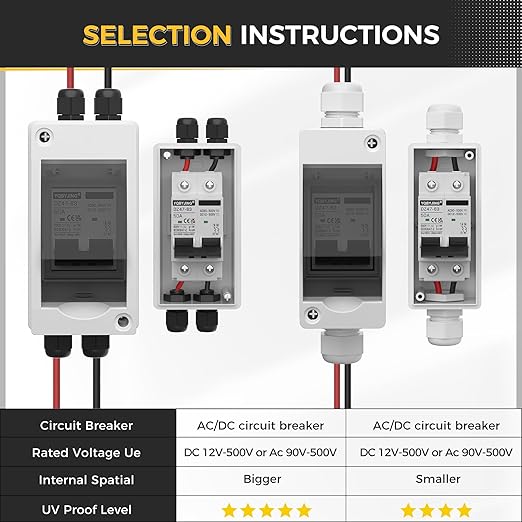 Solar Panel Disconnect Switch 50 Amp 4 Holes DC AC Miniature Circuit Breaker 500V 2 Poles with PV Connector and IP65 Waterproof UV-Proof Box for Outdoor Solar PV Homes Battery