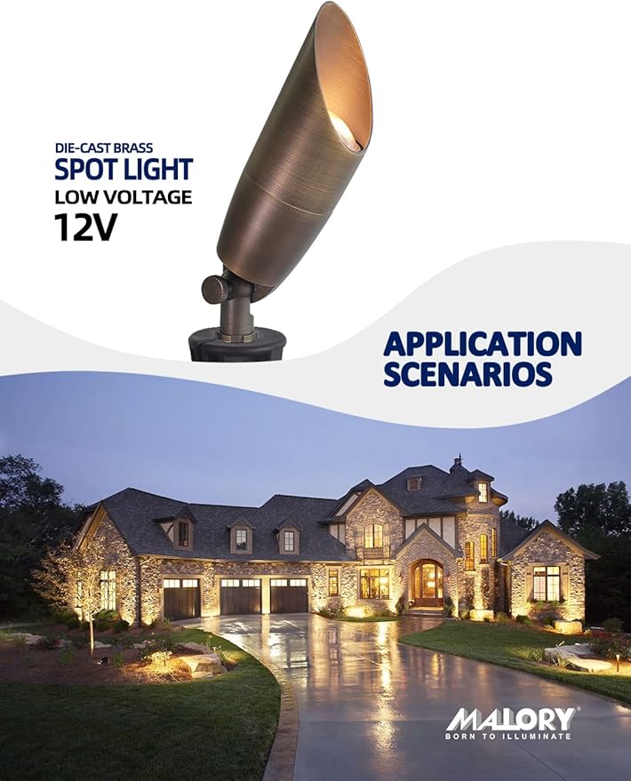 MALORY Solid Brass Landscape Spotlight 4-Pack with Bulb(S06), Low Voltage Front and Backyard Landscape Lighting with Large Rugged Slot Spike & Wire Connector,12V AC/DC Garden Patio Spot Up Light