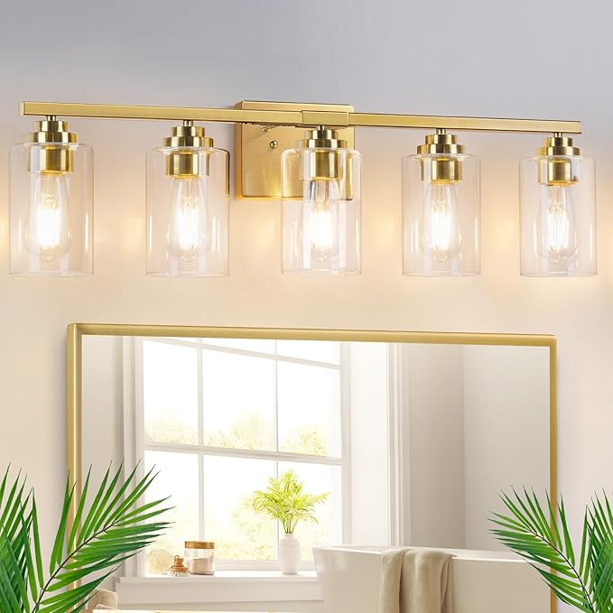 5-Light Gold Bathroom Light Fixtures, 31" Modern Vanity Lights Over Mirror with Clear Glass Shades,Brushed Gold Wall Light Fixture for Bathroom Mirror Bedroom Porch, Hardwired Wall Sconces