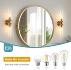 E26 Brushed Brass 2 Light Vanity Lights, Farmhouse Gold Modern Bathroom Wall Lamps with Glass Shade