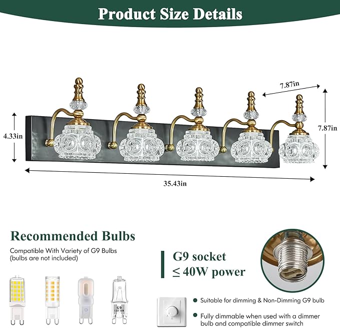 Modern Glass Crystal Vanity Light - Vintage Bathroom Lighting Fixtures Over Mirror, 5 Light Vanity Lights G9 Bulb (35.43 Inch, Black Gold)