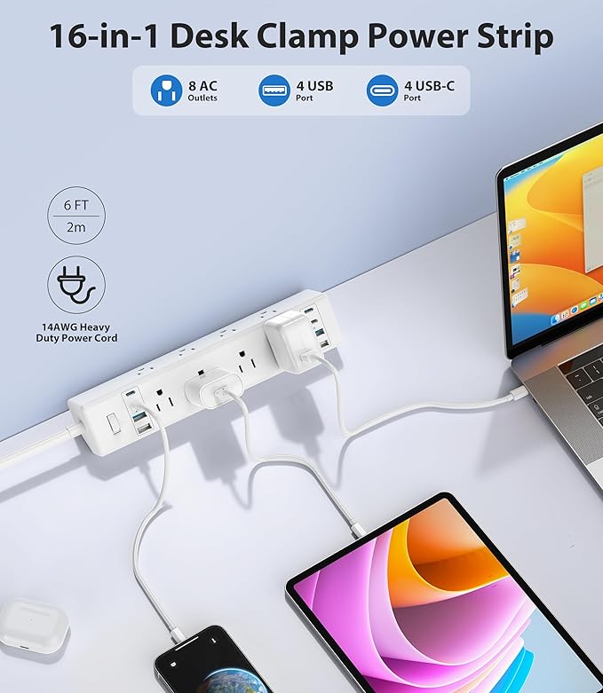40W Fast Charging Station,Desk Clamp Power Strip 20W USB C,8 Outlets,8 USB Ports,4 USB C 4 USB A,Nightstand Edge Mount Surge Protector, 14AWG Cord, Fits 1.9" Tabletop Edge for Office,Home Furniture