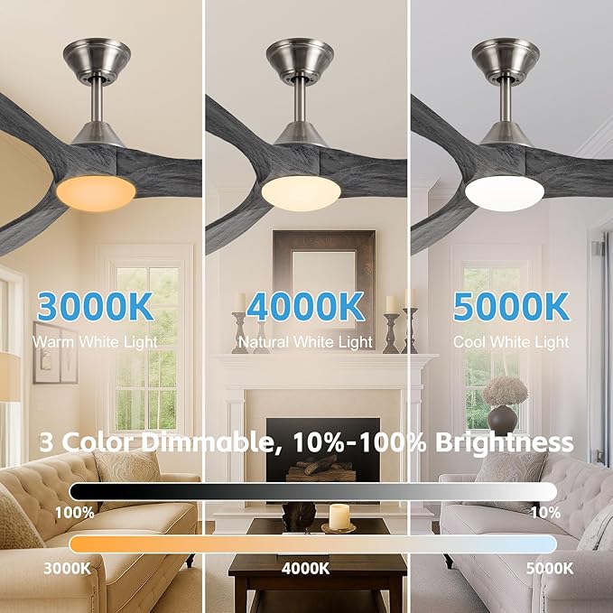 52 inch Ceiling Fan with Light, Outdoor Ceiling Fans for Patios 3 Blade Dimmable Solid Wood Ceiling Fan with Lights, Farmhouse Propeller Ceiling Fans for Indoor, Porch, Exterior, DC Motor