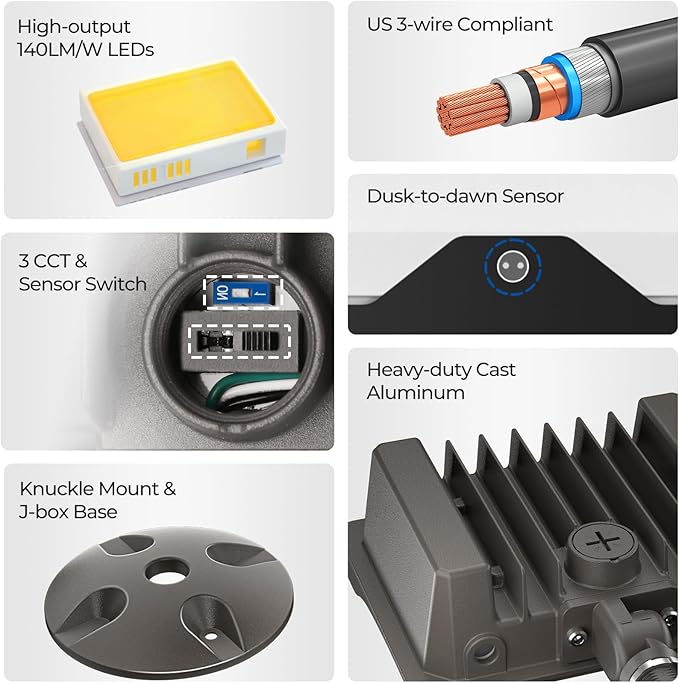 CINOTON 55W LED Flood Light 3CCT (3000K/4000K/5000K), 7700LM Dusk-to-Dawn Photocell Outdoor Security Lighting, 120V IP65 Aluminum Wall Pack for Porch/Barn, 180° Knuckle Mount, 2 Modes, ETL, 4 Pack