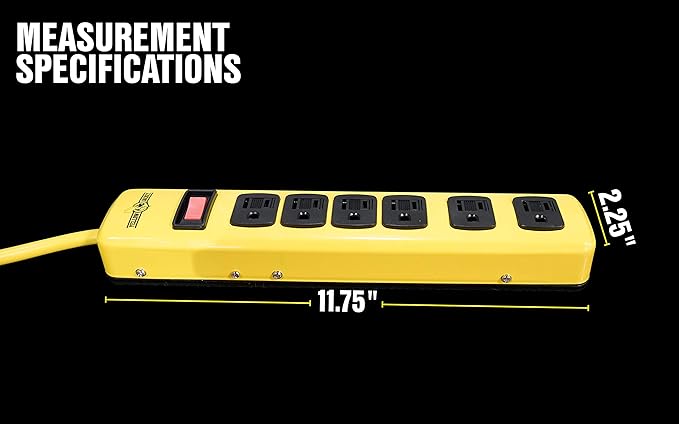 WOODS WIRE Southwire Yellow Jacket 5139N 14/3 6-Outlet Heavy Duty Industrial Metal Workshop Strip with 6-Foot Power Cord; Sliding Safety Covers and Overload Protection