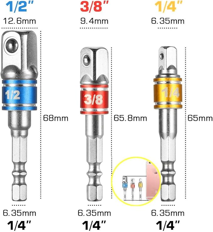 Impact Grade Socket Adapter/Extension Set Turns Power Drill Into High Speed Nut Driver,1/4-Inch Hex Shank to Drive for Adapters to Use with Drill Chucks, Sizes 1/4" 3/8" 1/2", Cr-V, 3-Piece