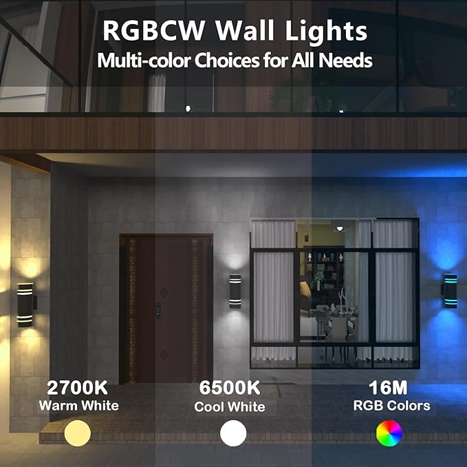 wowlite Outdoor Wall Lights for House, Remote Control Smart RGBCW Up and Down Lights Outdoor Sconce RGB Color Changing, Black Cylinder Aluminum Exterior Lighting Fixtures for Porch Garage, ETL Listed