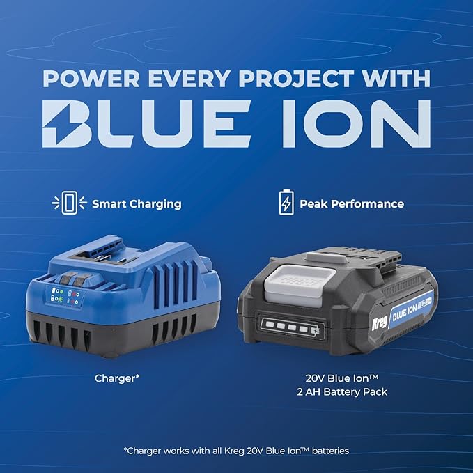 Kreg 20V Ionic Drive 1/4" Compact Impact Driver, 20V Blue Ion Charger & Blue Ion 2Ah Battery Pack - Compact, Cordless Driver with 2,200 in-lbs of Torque - 20V Variable Speed - LED Light - KPTBDV025A