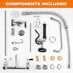 43" Height Commercial Faucet with Sprayer, 8" Adjustable Center & 12" Add-on Swing Spout, Wall Mount Pre Rinse Commercial Sink Faucet for Commercial Restaurant Industrial Kitchen