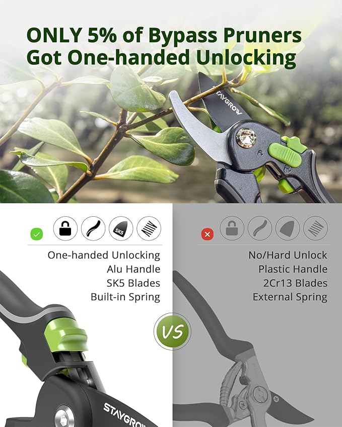 Pruning Shears for Gardening - 8.5" SK5 Garden Shears Cuts 10000+ Times Staying Sharp - Garden Scissors with One-handed Unlocking & Adjustable Handle- Garden Clippers Gardening Tools for Men Women