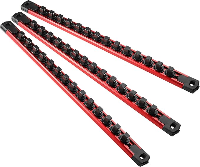 Magnetic Socket Organizer, 3-Piece Heavty Duty Aluminum Socket Holder, Socket Rail for Tool Box, Premium Quality 360° Swivel Socket Rack with 42 Clips for 3/8-Inch(Red)