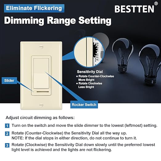 BESTTEN 2 Pack Almond Dimmer Wall Light Switch, Compatible with Dimmable LED, CFL, Incandescent and Halogen Bulb, Single Pole or 3-Way Dimmer Switches, 120VAC, Decorator Wall Plate Included,