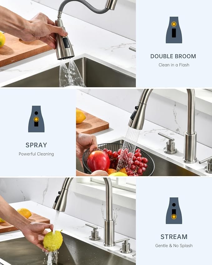 APPASO 2 Handle Kitchen Faucet, 3 Hole Kitchen Sink Faucet with Soap Dispenser, High Arc Brushed Nickel Stainless Steel 4 Hole Faucet for Kitchen Sink