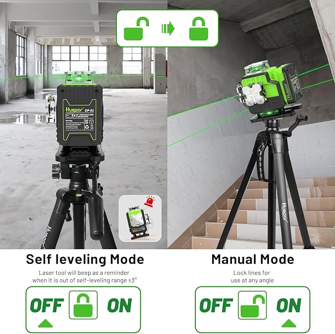 Huepar 12V 4x360 Laser Level Self Leveling with Bluetooth and Remote Control, 4D Green Cross Line Laser, 16 Lines Lazer Leveler Tool for Construction, Upgrraded Bracket, Removable Battery P04CG