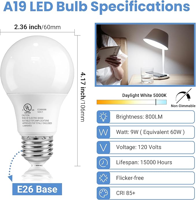 LED Light Bulbs Daylight White 5000K, 60 Watt Equivalent A19 LED Bulb, 9W E26 Standard Base, 800 Lumens 15000 Hours 120V, Non-Dimmable, Bright Energy Saving Lightbulbs for Bedroom Indoor, 3 Pack