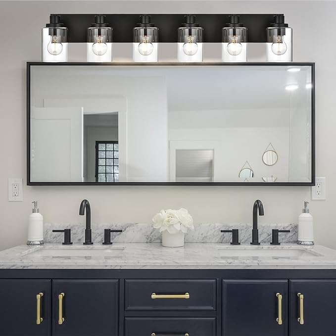 6 Light Bathroom Vanity Lights, Bathroom Lighting Fixtures over Mirror with Clear Glass Shades, Black Vanity Light For Bathoom, Modern Wall Sconces Vanity Lighting Fixture for Bathroom Hallway