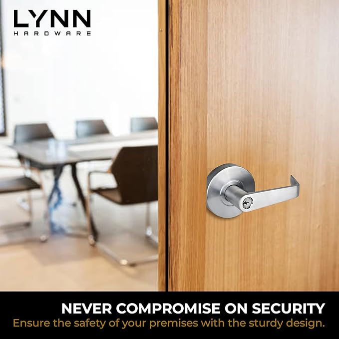 LYNN HARDWARE Commercial Door Lever Lock - Heavy-Duty Locking Door Handle, Designer Door Handles, Cylindrical Lever Lock, Non-Handed Grade 2 Door Handle, Satin Chrome, Entrance Keylock w/Clutch