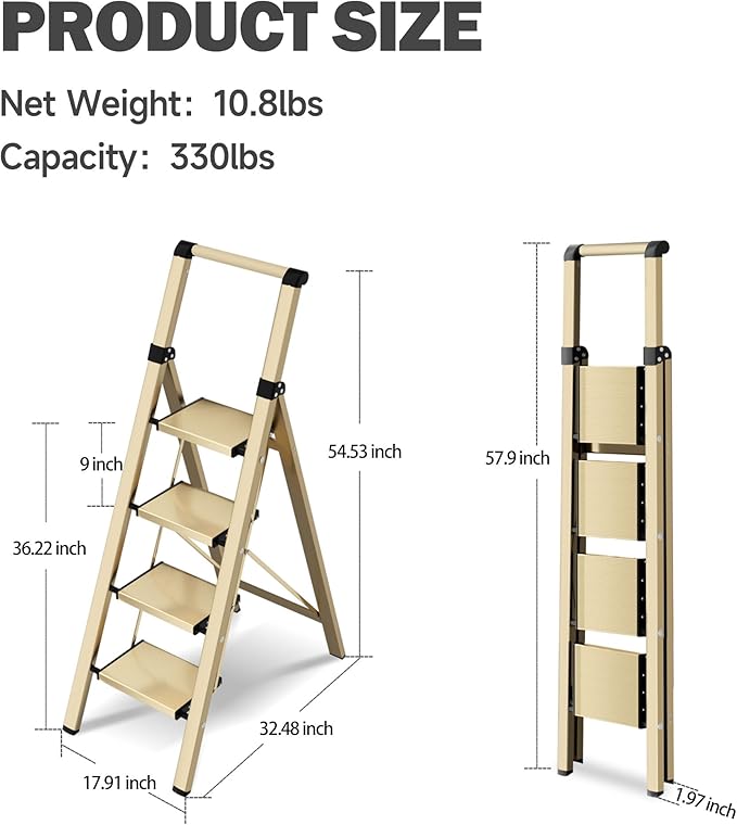 4 Step Ladder, Lightweight Folding Step Stool with Anti-Slip Aluminum Wide Pedal& Convenient Handgrip, 330lbs Capacity Steel Ladder for Household and Office (Gold)