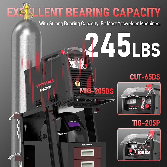 YESWELDER Welding Cart with 4 Drawers for MIG Welder TIG Welder and Plasma Cutter, Black&Red Version Heavy Duty Large Storage 360° Rolling Welding Trolley