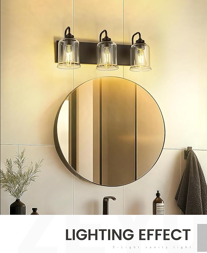 zeyu Black Bathroom Vanity Light, 20.5 Inch Bathroom Light Fixtures Over Mirror, 3-Light Modern Wall Sconces with Clear Glass Shade, ZSL72B-3W BK