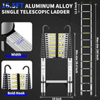JADDUO 16.5FT Telescopic Ladder, Aluminium Silver Telescoping Ladder with Non-Slip Feet and Stable Hook, Portable Extension Ladder for Household and Outdoor Working, Heavy Duty 330lbs Max Capacity