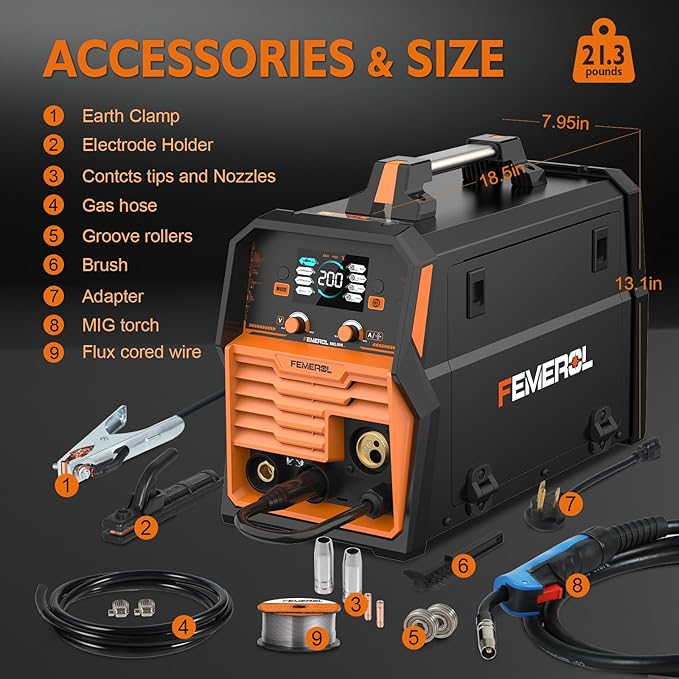 200A MIG Welder,4 in 1 Gas MIG/Gasless Flux Core/Stick/Lift TIG Multi-process Welding Machine Large LED Display 110V/220V Multi Welder