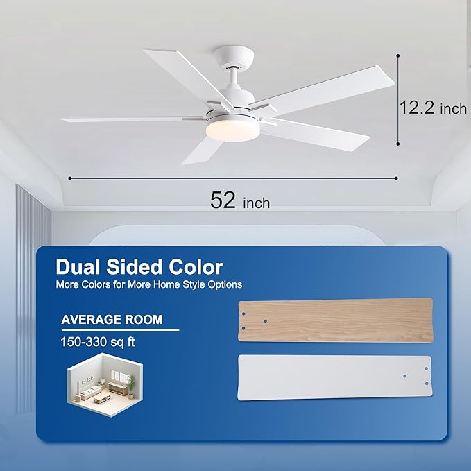 52 Inch Ceiling Fans with Lights and Remote, White Ceiling Fan with 5 Blades, 6 Speed Reversible DC Motor, 3CCT Dimmable LED, Modern Design for Bedroom, Living room & Covered Outdoor,Includes Downrod
