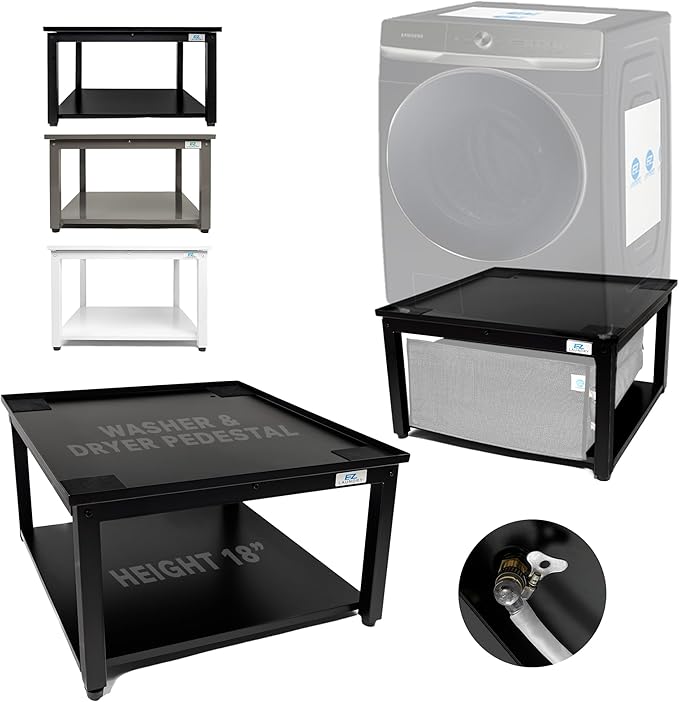 Washer and Dryer Pedestals - 24" W, 16" H, Black Steel Universal Fit with Major Brands, Leak-Proof Laundry Pedestal with Drain Pan & Hose, Washer and Dryer Stand for Back Pain Relief, 800 lbs Capacity