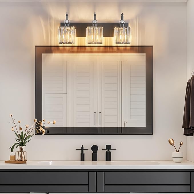 Crystal Vanity Lights Black 3 Light Bathroom Light Fixtures Over Mirror Modern Vanity Light for Bathroom