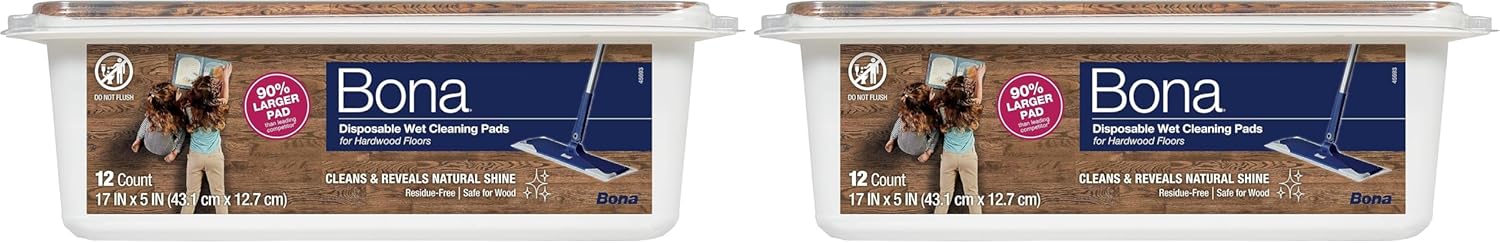 Bona Hardwood Floor Disposable Wet Cleaning Pads - 12 cleaning pads per pack - unscented - Use Mops - Residue-Free Floor Cleaning Solution for Wood Floors (Pack of 2)