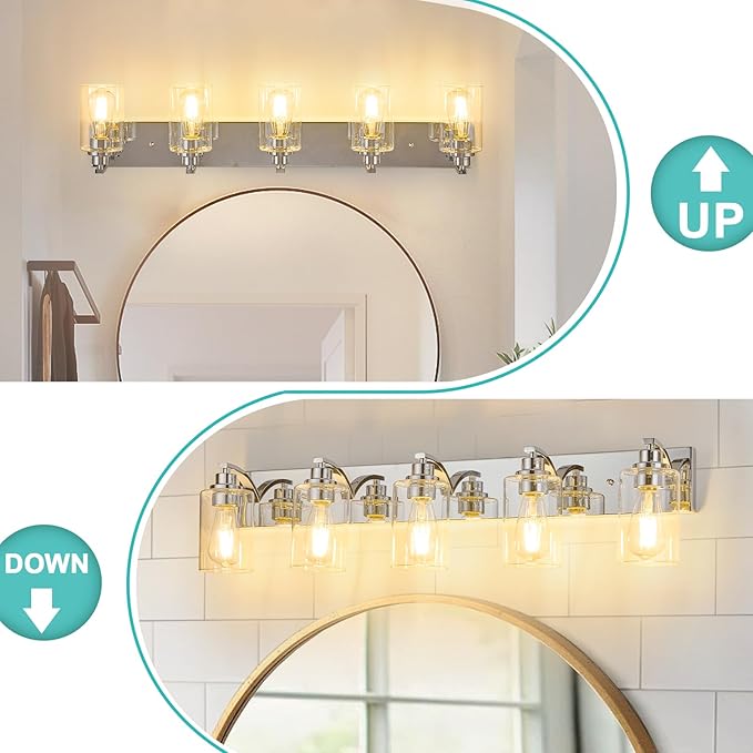 5-Light Bathroom Light Fixtures Modern Chrome Vanity Lights for Bathroom Lighting Fixtures Over Mirror with Clear Glass Shade for Cabinet Mirror Bedroom Hallway