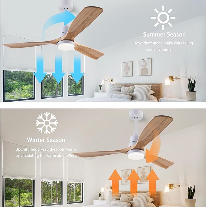 48" Wood Ceiling Fan with Light and Remote Control, Indoor Outdoor Wooden 3 Blades Ceiling Fan for Patio Living Room, Bedroom, Office,Reversible DC Motor(White + Raw wood)