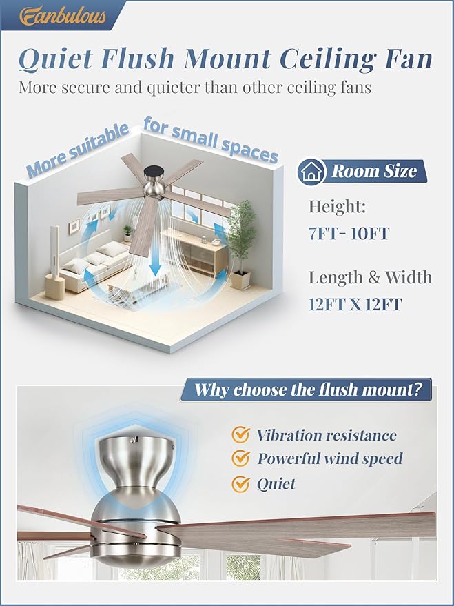 48 Inch Flush Mount Ceiling Fans without Lights, Brushed Nickel Modern Ceiling Fan no Lights, 6-Speeds, Quiet Reversible DC Motor, Indoor/Outdoor Ceiling Fans for Patios, Living Room, Bedroom