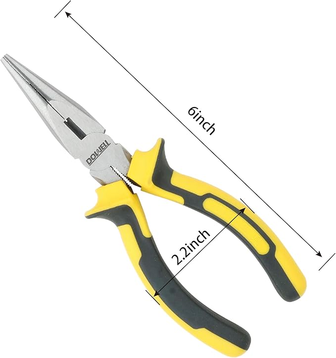 DOWELL 6 Inch Long Nose Pliers Needle Nose Pliers with Wire Cutter Nickel Chromium Steel Construction Professional Handle