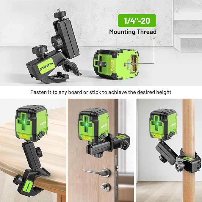 Laser Level with Clamp, HUEPAR 98Ft Self Leveling Laser Level Green Line Laser Cross Line Laser Leveler Tool for Picture Hanging, Tile, Home Renovation, Indoor Project, Battery&Carrying Bag Included