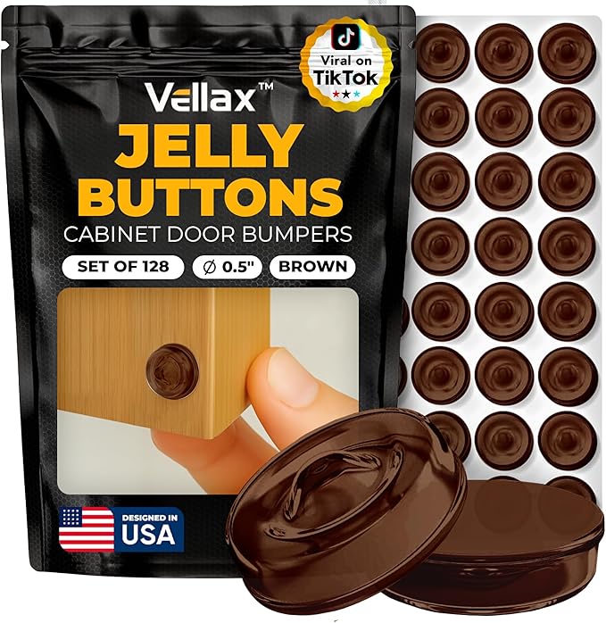 128 Self Adhesive Cabinet Door Bumpers – Sticky Brown Silicone Rubber Pads for Furniture Drawers, Kitchen Cabinets, Decor, Wall Protection – Vellax