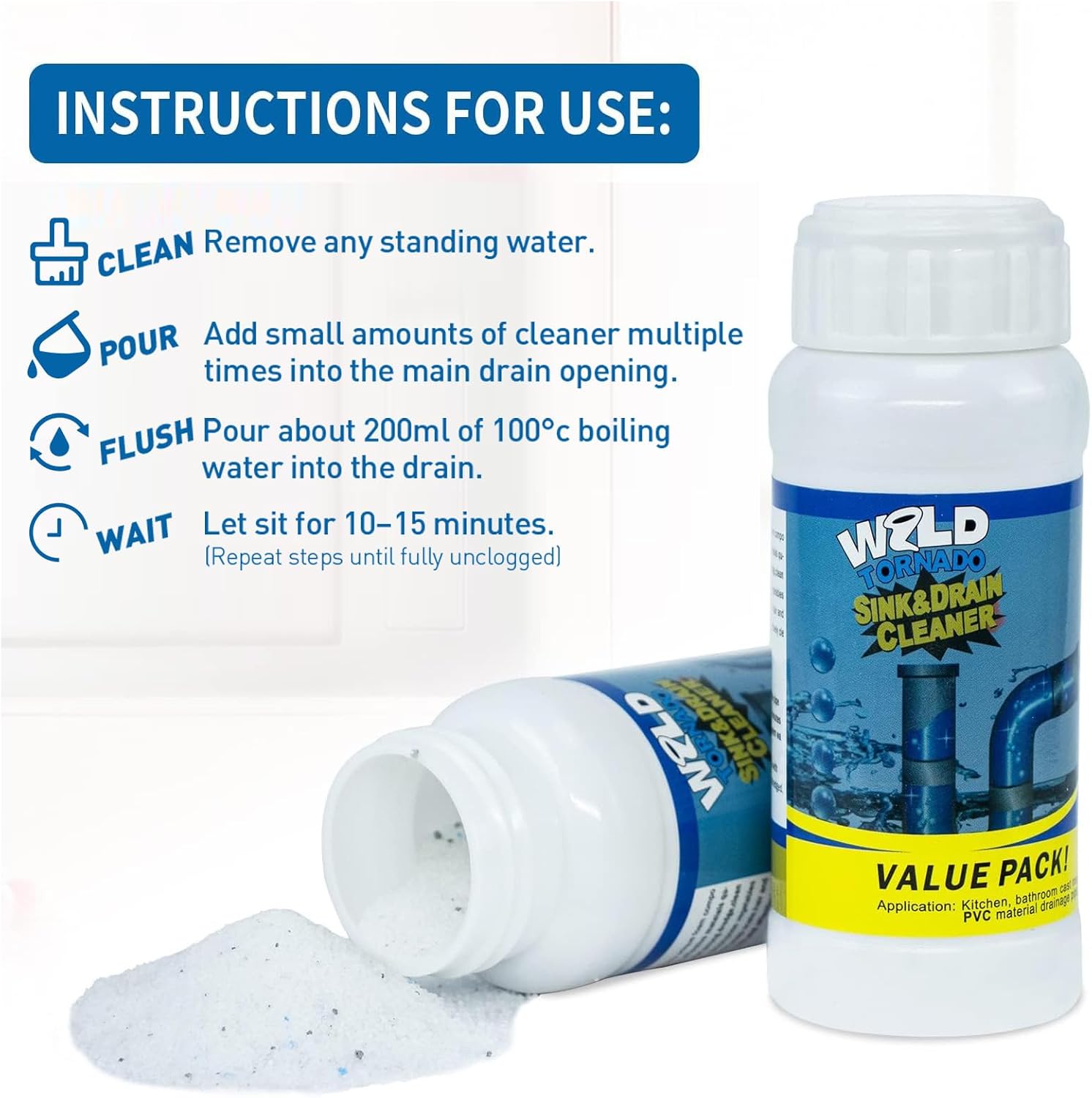 Wild Tornado Pipe Dredge,Powerful Sink Cleaner Powder Fast Foaming for Kitchen Toilet Pipeline Quick Cleaning Tool（2pcs）