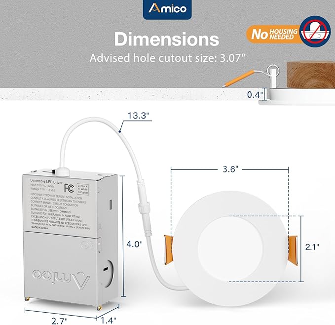 Amico 12 Pack 3 Inch 5CCT Ultra-Thin LED Recessed Ceiling Light with Junction Box, 2700K/3000K/3500K/4000K/5000K Selectable, 7W Eqv 60W, Dimmable Canless Wafer Downlight, 500LM High Brightness -ETL