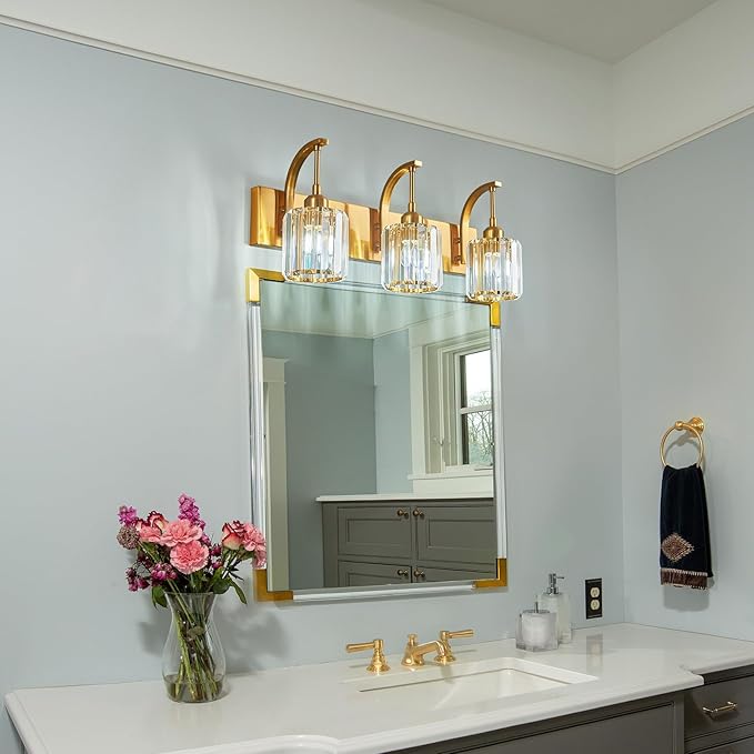 3-Light Crystal Vanity Light, Modern Gold Bathroom Wall Sconce with K9 Crystal Shades, 23.62" Long Over Mirror Lighting for Vanity, Makeup, Hallway, Elegant & Durable