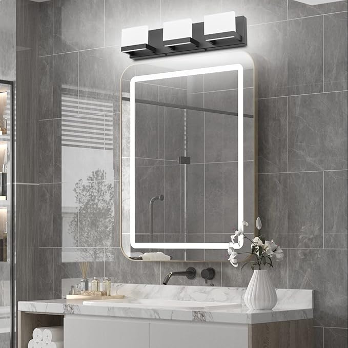 Tipace 3 Lights Black Dimmable LED Vanity Light for Bathroom Up and Down Black Modern Bathroom Wall Light Fixtures Over Mirror(White Light 6000K)