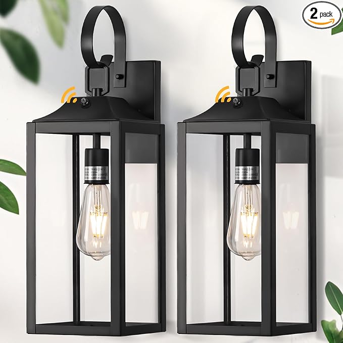 19" Large Dusk to Dawn Outdoor Lighting 2 Pack, Black Sensor Porch Lights Exterior Lighting Fixtures, Modern Wall Lantern Outdoor Wall Lights Waterproof Wall Sconce Lamp for House, Doorway, Garage