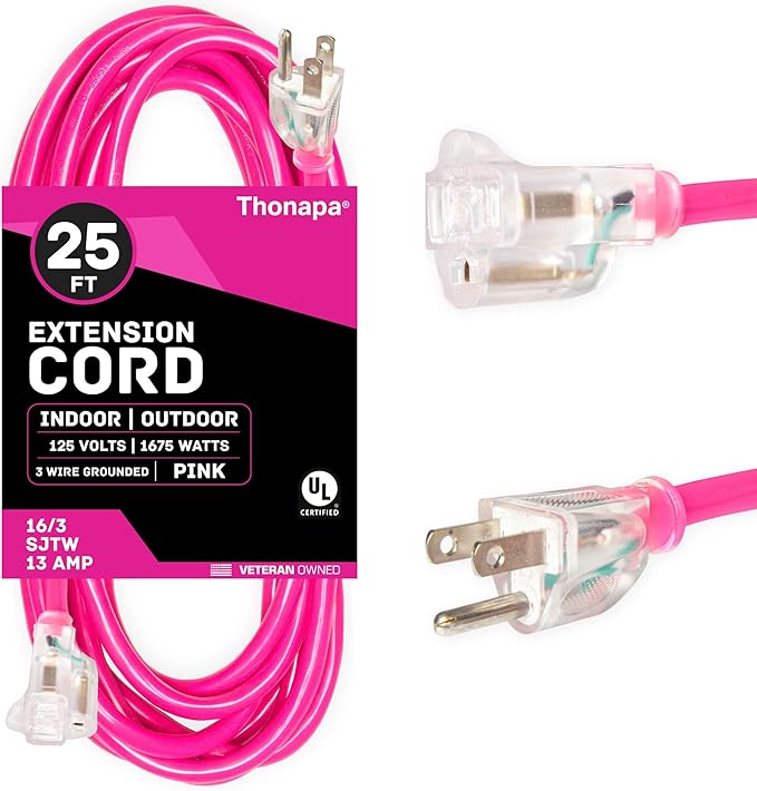 25 Ft Outdoor Extension Cord with 3 Prong, 16/3 SJTW Neon Pink Extension Cord 25ft, 13 AMP for Indoor or Outdoor Use, Small Appliances, Gardens, Lawn, Lights Decor - UL Listed