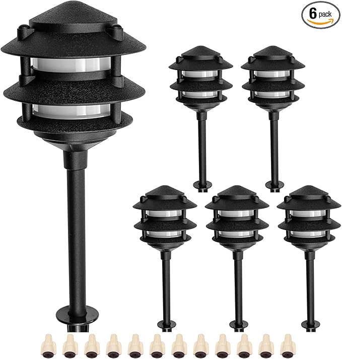 Lumina Lighting® Low Voltage Landscape Lighting Cast-Aluminum Pagoda Path and Area Light Warm White 4W G4 LED Bulb and ABS Ground Stake Included for Yard Walkway Lawn PAL0103-BkLED6 (Black,6-Pack)