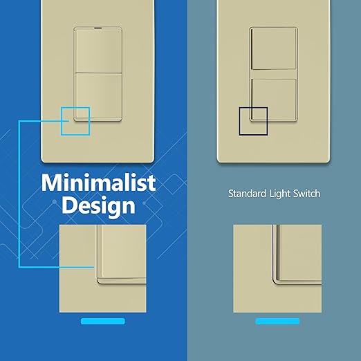 LIDER Minimalist Design Matte Finish Lighted Double Switch with Screwless Wall Plate, Combination Frameless Decorator Switch with Locator Light, Ground Terminal Single Pole, 15A 120V, UL Listed, Ivory