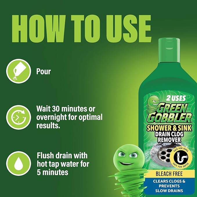 Green Gobbler Ultra Concentrated Drain Clog Remover & Cleaner | Powerful Hair, Grease & Soap Dissolver for Bathroom, Kitchen, Shower, Sink & Toilet | Safe for Pipes & Septic Systems | 2 Pack