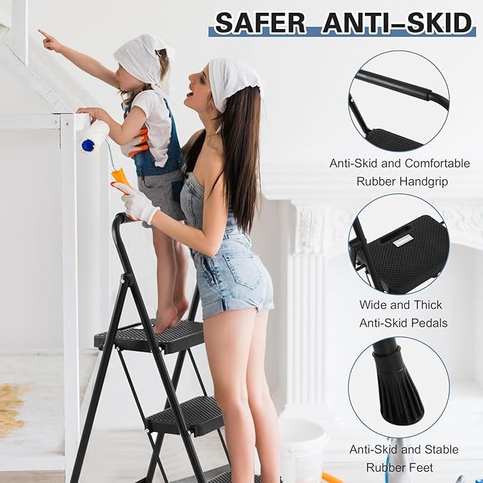 Nazhura Foldable 3 Step Stool Ladder, 300 Lb Weight Limit Folding 3 Stepping Ladder for Kitchen, with Wide Anti-Slip Pedal, Sturdy Steel Ladder, Convenient Handrail, Lightweight
