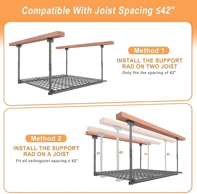 45-Inch x 45-Inch Overhead Garage Storage Rack, 17"-28" Height Adjustable Garage Ceiling Storage Racks, Heavy Duty Storage Organizer System, 250LBS Weight Capacity, Black