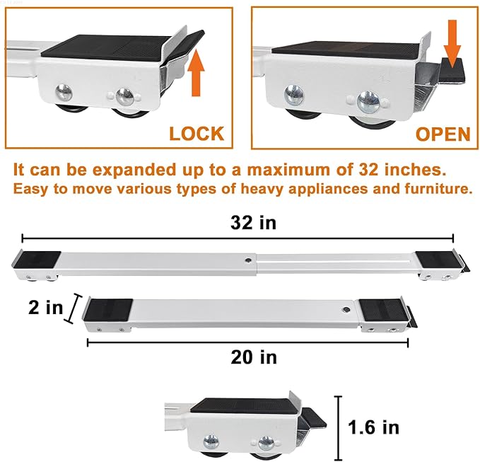 Appliance Rollers Heavy Duty,Max 32in,Second Generation Extendable Appliance Rollers Mobile Washing Machine Base Easily Move Washing Machines, Dryers, Refrigerators, Furniture (White)